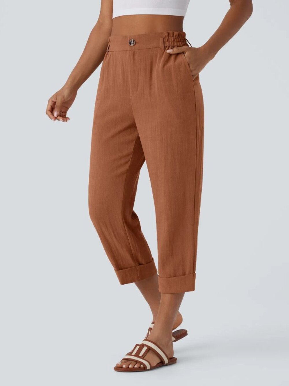 Halara LG High Waisted Zipper Pocket Cropped Linen-Feel Pants 50% off Retail